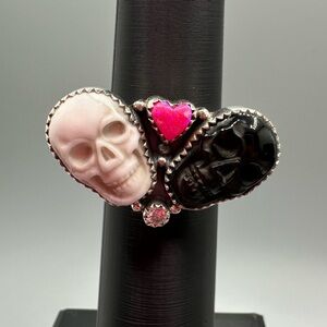 Handmade Sterling Silver 925 Pink Black Onyx White Skeleton 💀 Skull Heart Ring